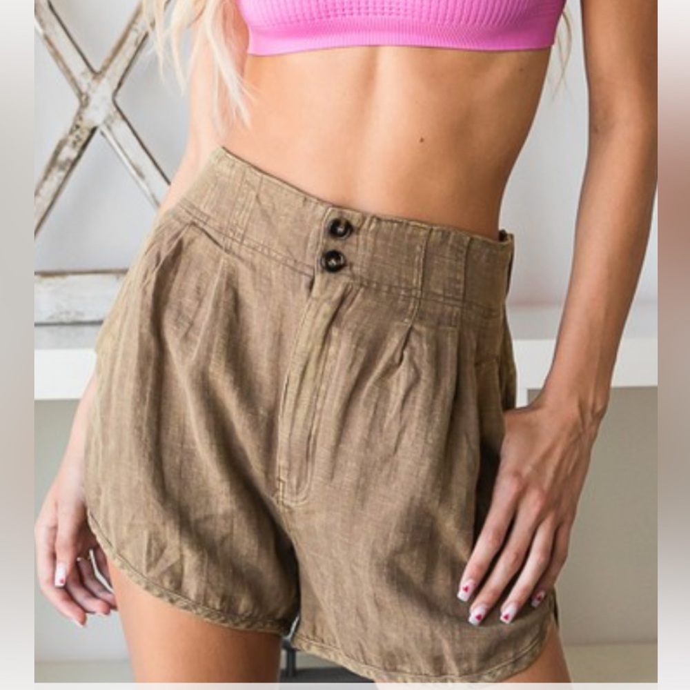 New in Mineral Washed Woven Linen Blend Elastic Waistband Shorts Relaxed Fit